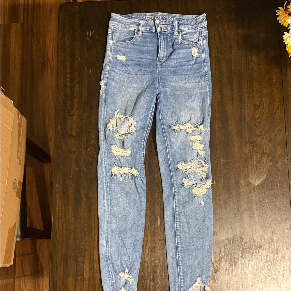 American Eagle Outfitters Ripped Blue Skinny Jeans CURVY HIGH RISE JEGGING